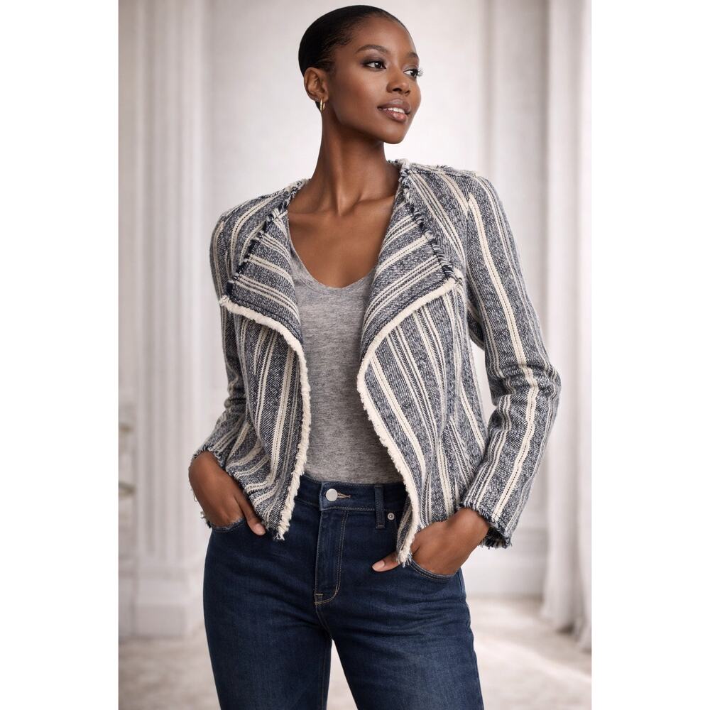 Derek Lam Blazer Jacket 6 Small Blue White Open Angled Lapel Striped Frayed Edge